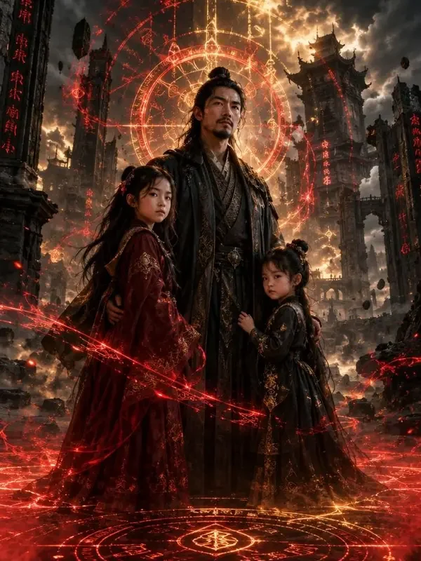 《和离后我带女儿横扫魔域》横幅:夜色魔域城与巨大红色法阵光效