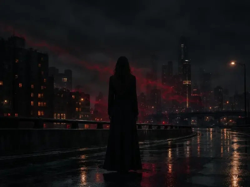 强者归来主题剧场配图：夜色过街天桥上的黑衣女性背影与微光