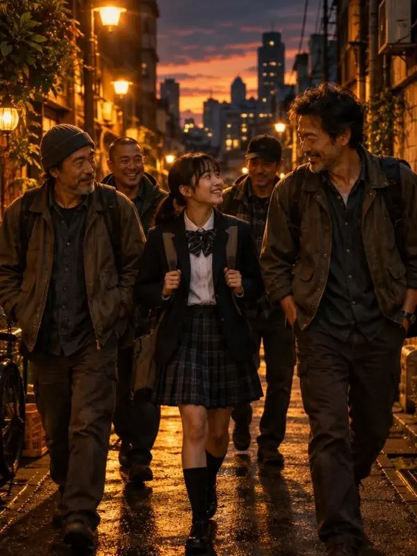 《认下混混老爹，我一路青云》封面：背书包的少女站在老城巷口，身后是守护她的父辈群像
